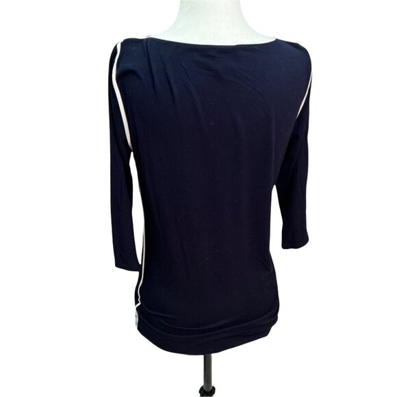 𝅺TAHARI Elements Black Top Blouse White Piping 3/4 Sleeves Size S - Picture 5 of 10